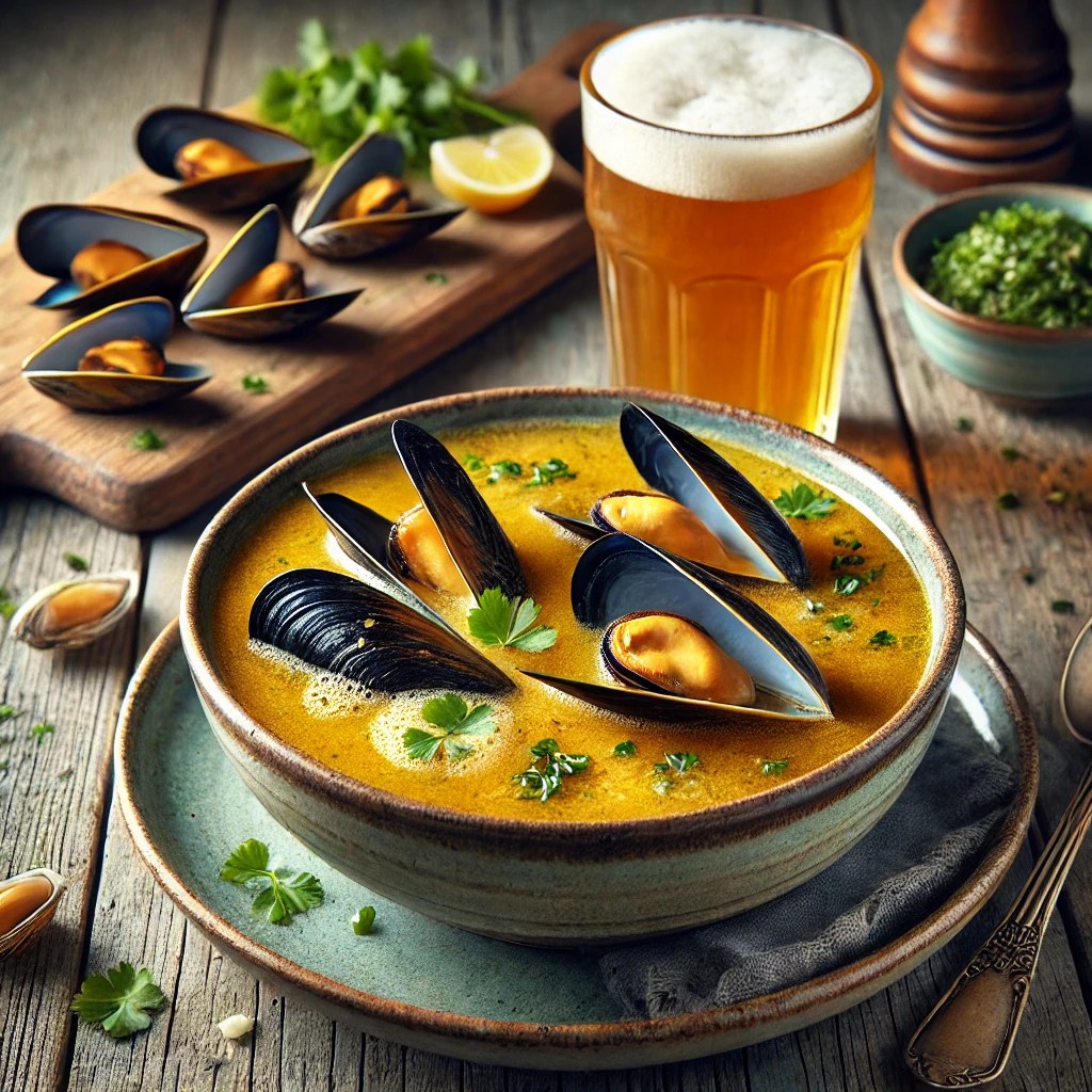 Een realistische foto van biersoep met mosselen, geserveerd in een keramieken kom op een doorleefde houten tafel. De goudkleurige soep heeft een fluweelzachte textuur, verrijkt met blond bier, boter en verse kruiden. Malse mosselen zonder schelpen zijn door de soep gemengd voor gemakkelijke consumptie. Een garnering van fijngehakte kervel voegt een frisse, groene toets toe. Op de achtergrond ligt een houten snijplank met extra mosselen, een klein glas bier en een schaaltje verse kruiden, subtiel vervaagd. Zacht natuurlijk licht benadrukt de texturen en kleuren, wat zorgt voor een warme en uitnodigende uitstraling.