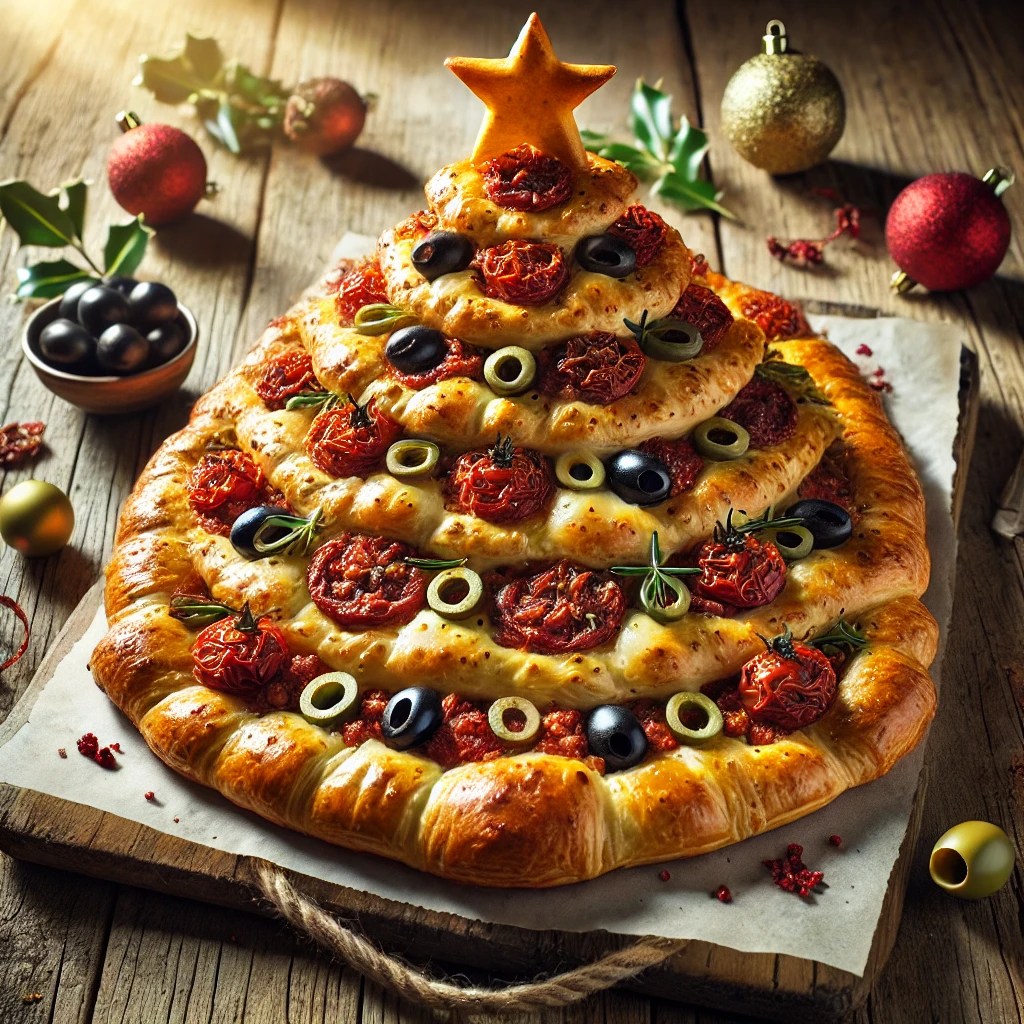 Gouden bladerdeeg kerstboom gevuld met tapenade van tomaten, olijven en kaas, gegarneerd met gesmolten kaas, gepresenteerd op een rustieke houten tafel met feestelijke decoraties zoals hulst en kerstornamenten, in warm natuurlijk licht.