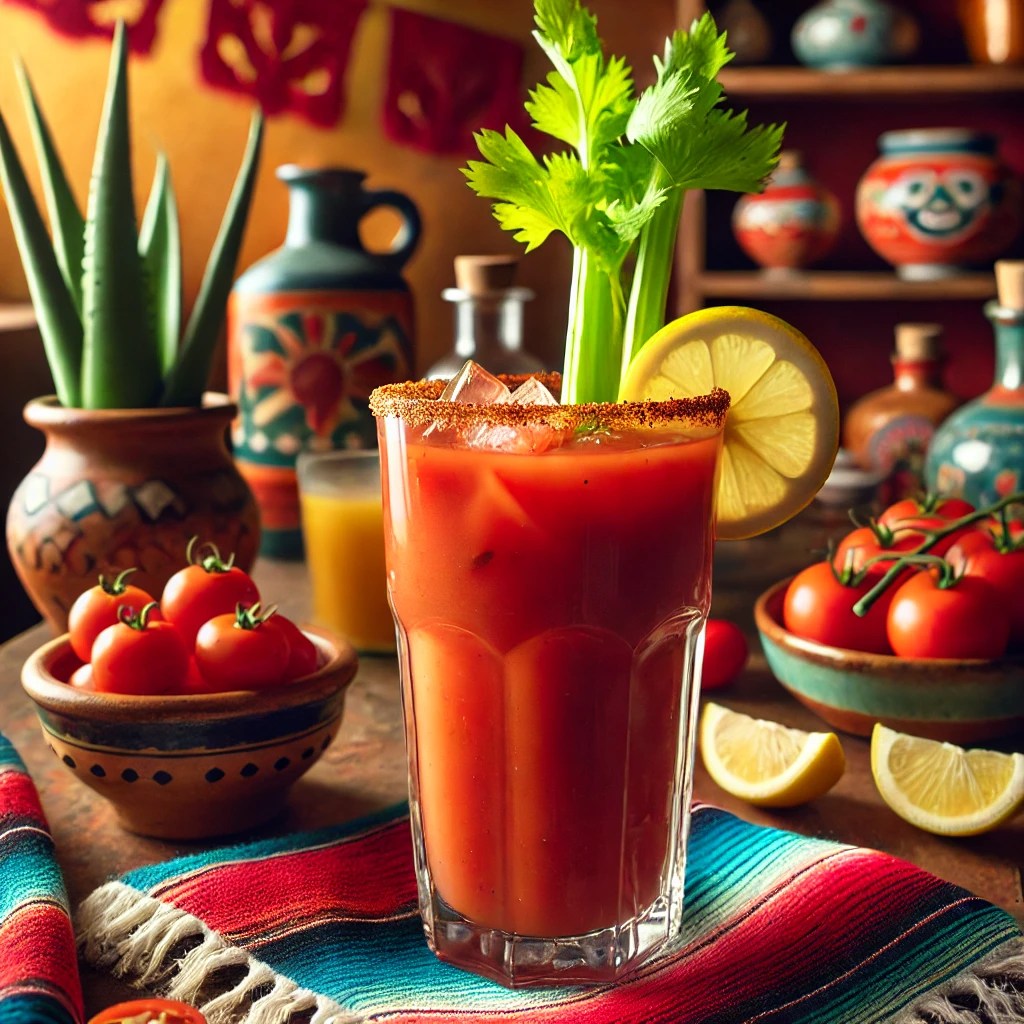 Een klassieke cocktail genaamd 'Bloody Mary', geserveerd in een hoog glas met een levendige rode kleur. Het drankje is gemaakt van wodka, tomatensap en een vleugje peper. Het glas is gegarneerd met een verse selderijstengel en een schijfje citroen. De tafel is gedecoreerd met kleurrijke Mexicaanse textiel, een kleine kleikom met cherrytomaatjes en feestelijke accenten. De achtergrond toont een warme, levendige Mexicaanse setting met rustieke houten accenten, terracottategels en zacht natuurlijk licht. Er zijn geen teksten of etiketten zichtbaar op glazen, flessen of oppervlakken.