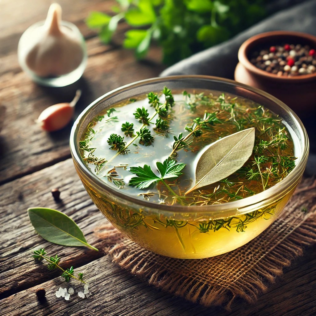 Heldere bouillon met verse kruiden zoals peterselie en tijm, geserveerd in een kom op een rustieke houten tafel.