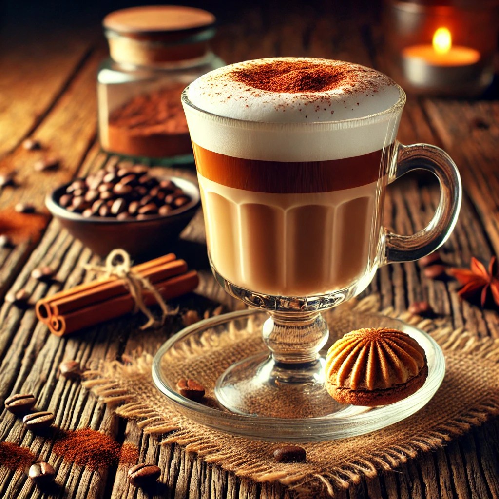 en Café di Amaretto geserveerd in een elegant glas met romige melkfoam en cacaopoeder, op een rustieke houten tafel met amaretti-koekjes en een kaneelstokje.