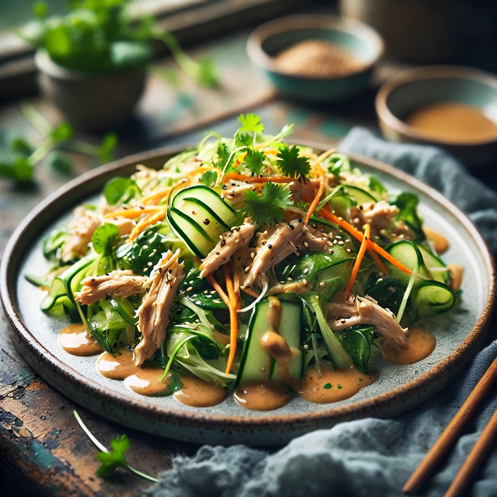 Chinese kipsalade met komkommer, wortel en waterkers, gegarneerd met sesamzaadjes en koriander, geserveerd met een romige pindadressing op een rustieke houten tafel.