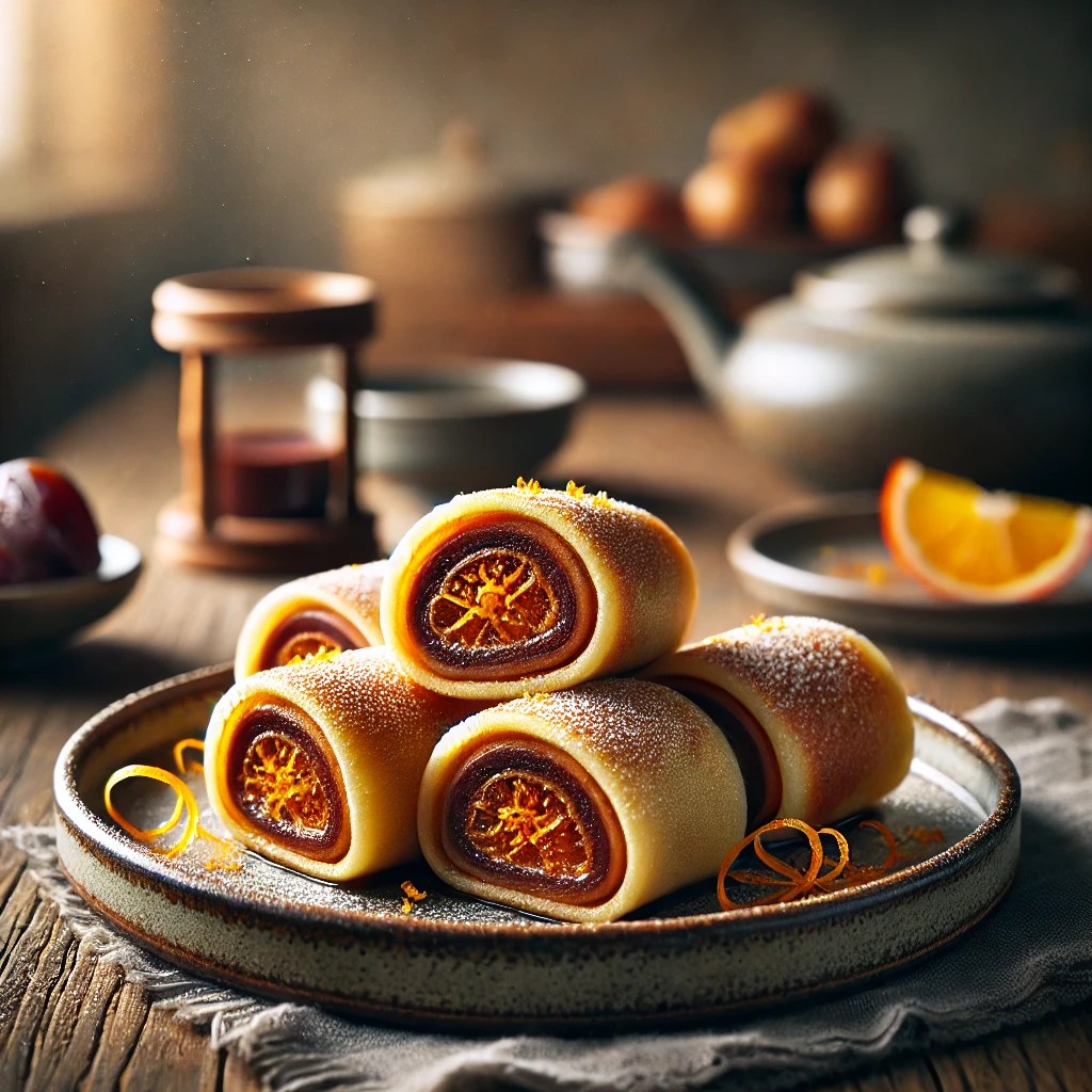 Chao Lie Wu Pan, Chinese pannenkoeken gevuld met zoete dadelpasta en sinaasappelrasp, goudbruin gebakken en bestrooid met poedersuiker, geserveerd op een rustieke houten tafel.