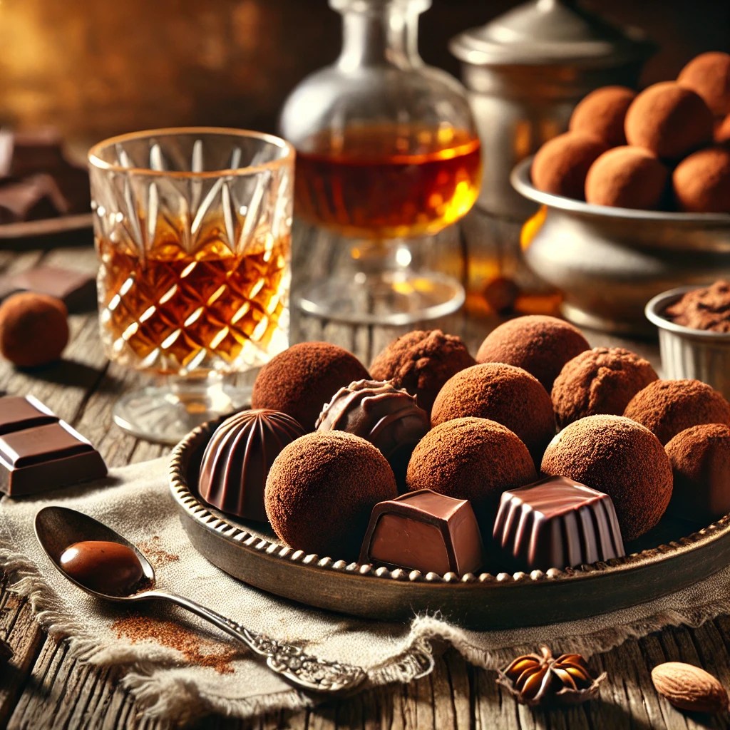 Chocolade truffels met cognac, geserveerd op een rustieke houten tafel, bestrooid met cacaopoeder en vergezeld door een glas cognac.