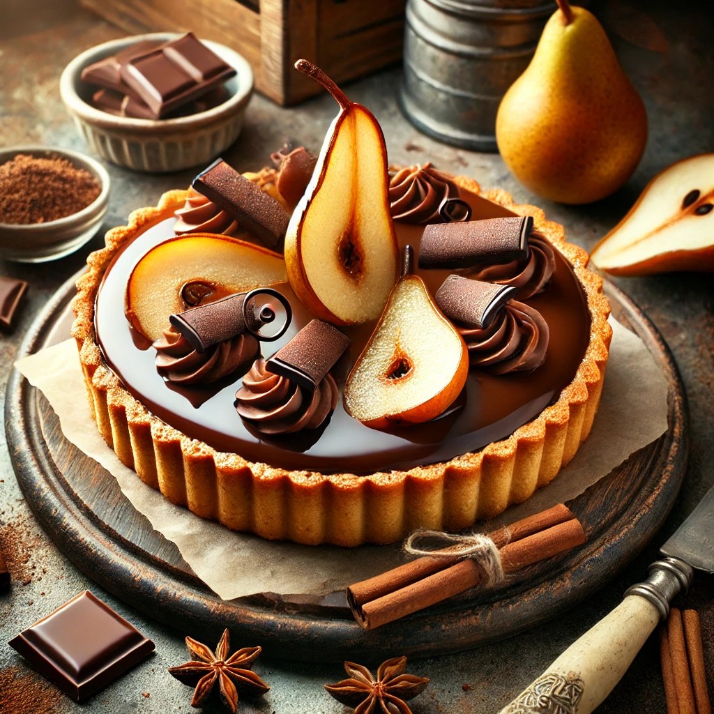 Hemelse chocoladetaart met een glanzende chocoladeganache, gevuld met perenjam, gegarneerd met gedroogde peren en chocoladekrullen, geserveerd op een houten plank met decoratieve ingrediënten zoals verse peren en chocolade.