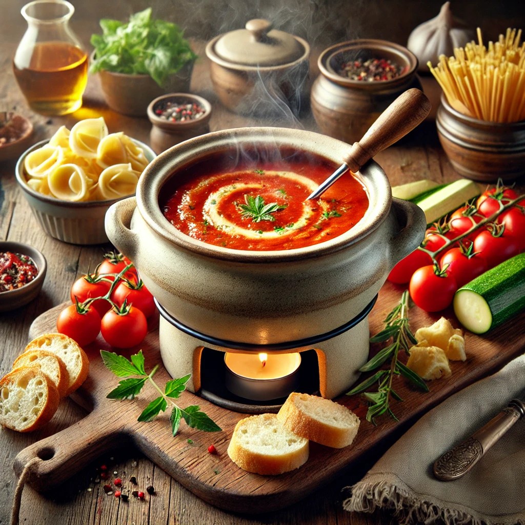 Een romige Italiaanse tomatenfondue met een diepe rode kleur, dampend in een rustieke keramische fonduepot. Daaromheen liggen stukjes knapperig brood, cherrytomaatjes, courgetteplakjes en gevulde ravioli. De tafel is sfeervol gedekt met verse Italiaanse kruiden en zachte, natuurlijke belichting.