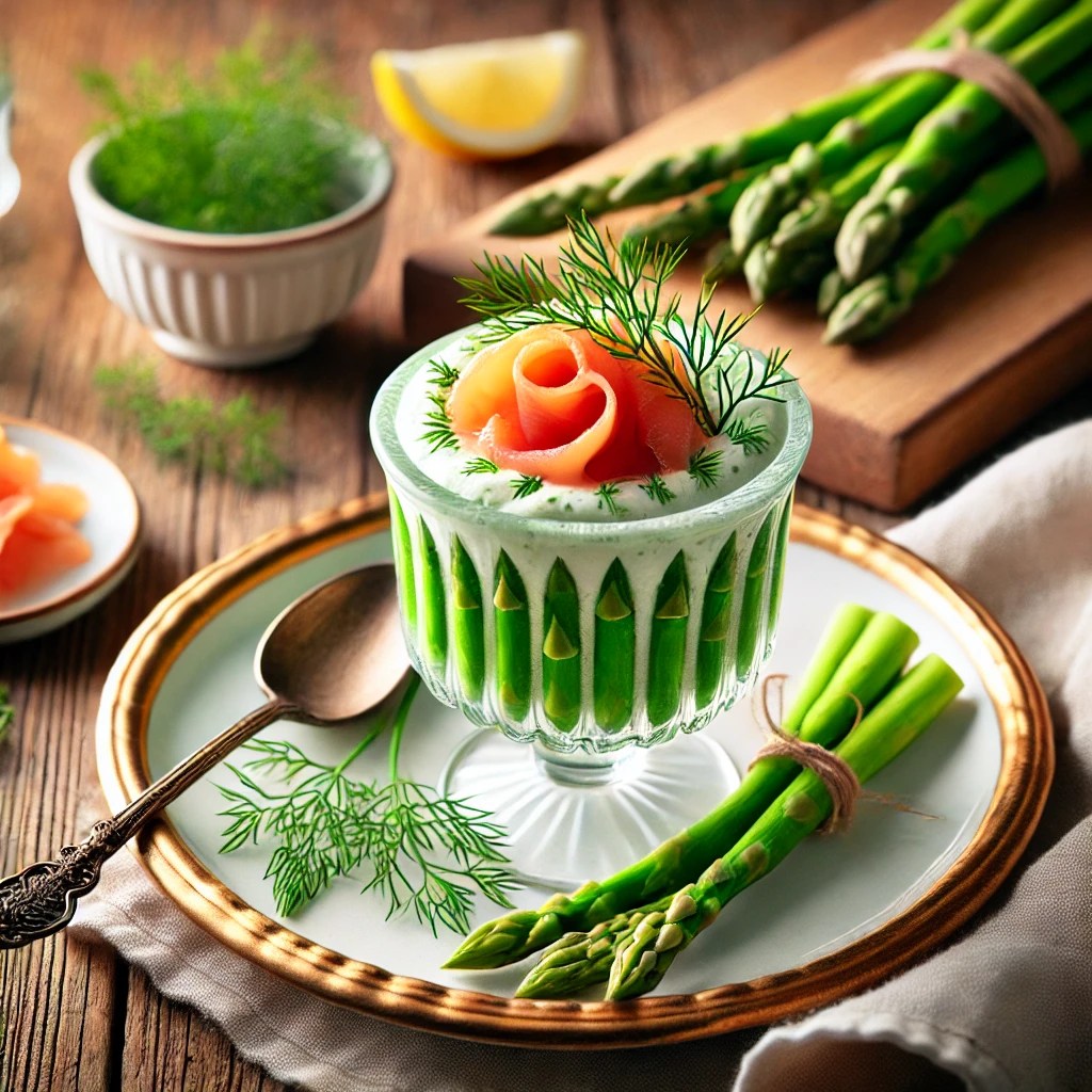 Een rustieke houten tafel met een feestelijk gerecht van aspergemousse met gerookte zalm, geserveerd in elegante glazen, gegarneerd met dille en een citroenpartje.