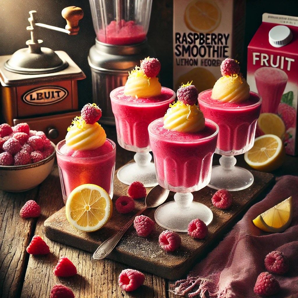 Verfrissende frambozensmoothie met citroensorbetijs, geserveerd in wijde glazen op een rustieke houten tafel, versierd met frambozen en citroenzest in een warme, natuurlijke sfeer.