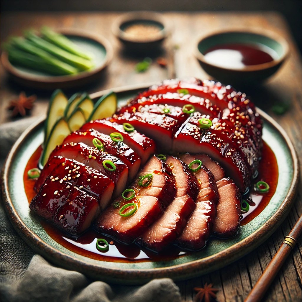 Chinese Cha Siu, geroosterd varkensvlees met een glanzende roodbruine lak, geserveerd met lente-ui, sesamzaadjes en komkommer op een rustieke houten tafel.