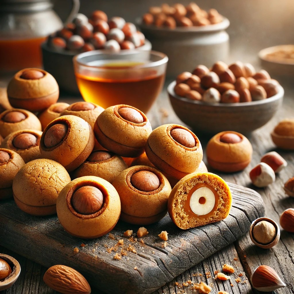 Een realistische foto van gevulde pepernoten met hazelnoot- en amandelvulling, geserveerd op een rustieke houten plank. De kleine, ronde kruidige koekjes hebben een knapperige, goudbruine buitenkant en zijn licht gebarsten, waardoor de romige, nootachtige vulling zichtbaar is. Enkele koekjes zijn opengebroken, waardoor de smeuïge hazelnoot- en amandelspijs te zien is. Hele en gehakte hazelnoten en amandelen liggen er decoratief omheen. Op de achtergrond staan een schaaltje extra pepernoten en een dampende kop thee, subtiel vervaagd voor een knusse en feestelijke sfeer.