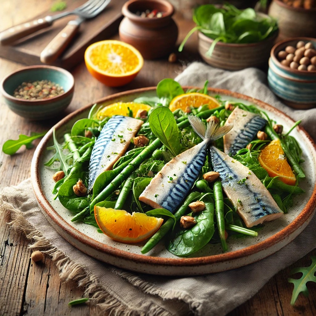 Een frisse groene groentesalade met spinazie, rucola en sperziebonen, gecombineerd met zachte makreelfilets en dunne sinaasappelschijfjes. Licht gegarneerd met geroosterde noten en een vinaigrette, geserveerd op een rustieke keramische schaal op een houten tafel met zachte, natuurlijke belichting.