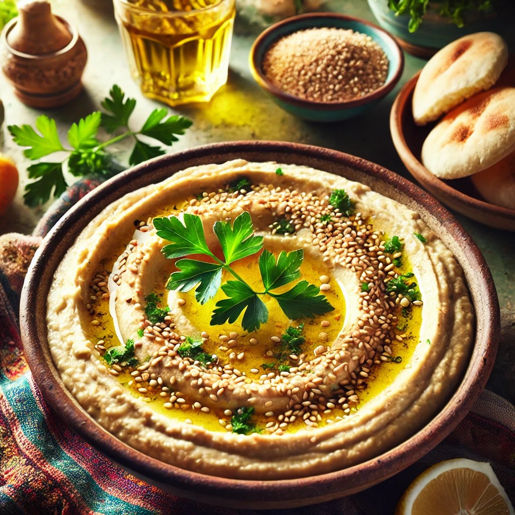Een levendige en uitnodigende presentatie van hummus met sesamzaad en peterselie, geserveerd in een rustieke kom. De romige hummus is gegarneerd met geroosterde sesamzaadjes, een scheutje olijfolie en verse peterselie. De setting bevat een kleurrijk tafelkleed, een bord met warm pitabrood, een klein schaaltje olijfolie en een glas met citroenwater, verlicht door helder natuurlijk licht om de frisse en romige uitstraling te benadrukken.