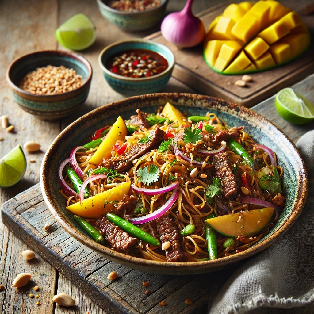 Een realistische foto van Pad Thai met mango-rode uiensalade, geserveerd in een keramieken kom op een doorleefde houten tafel. De gewokte rijstnoedels zijn bedekt met een rijke, smaakvolle saus en gemengd met malse rundvleesreepjes en knapperige groenten. Fijngehakte pinda’s en verse kruiden zorgen voor extra textuur en aroma. De bijgerechtensalade bestaat uit rijpe mangoplakjes en dun gesneden rode ui, op smaak gebracht met limoensap en een scheutje sojasaus voor een frisse tegenhanger. Op de achtergrond ligt een houten snijplank met extra mango, rode ui en een schaaltje saus, subtiel vervaagd. Zacht natuurlijk licht benadrukt de texturen en kleuren, wat zorgt voor een uitnodigende, smaakvolle uitstraling.