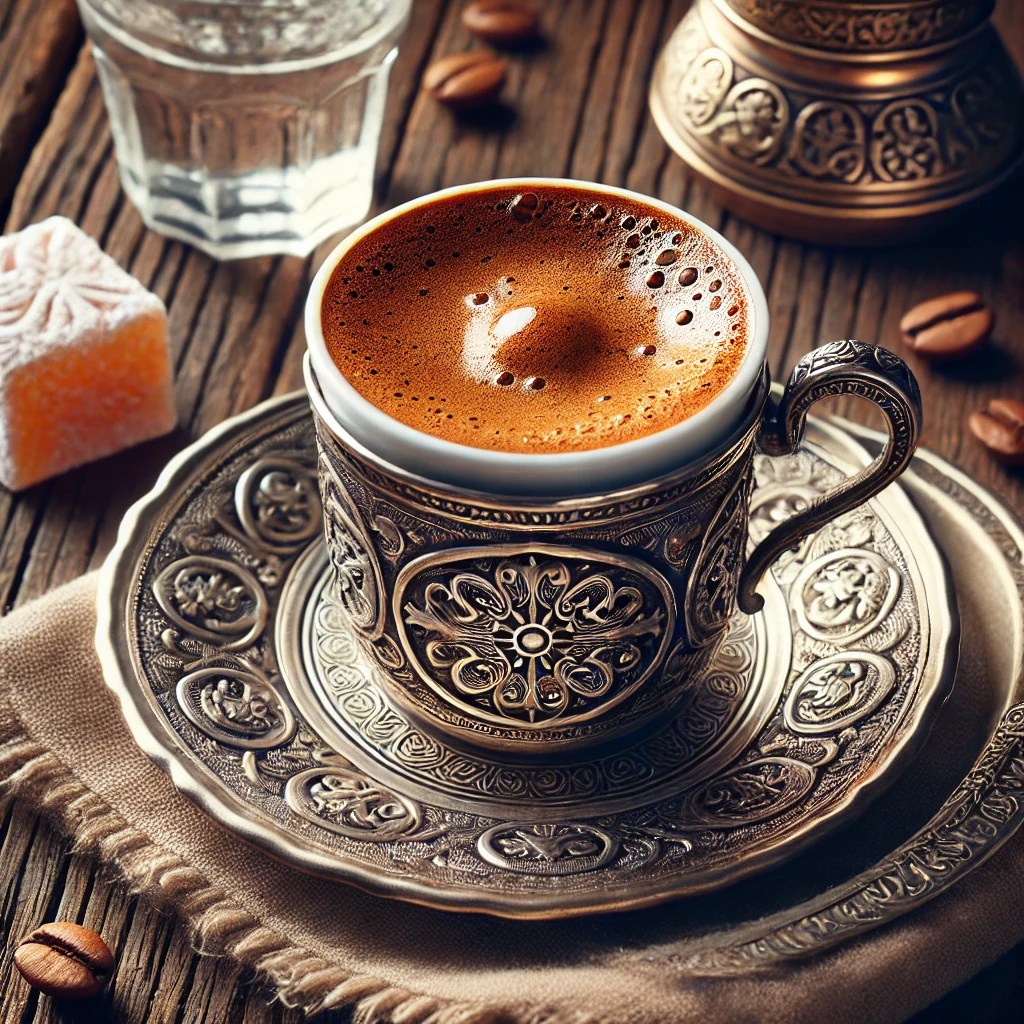 Traditionele Turkse koffie, geserveerd in een zilveren kopje op een rustieke houten tafel, met een glas water en een stukje Turks fruit.