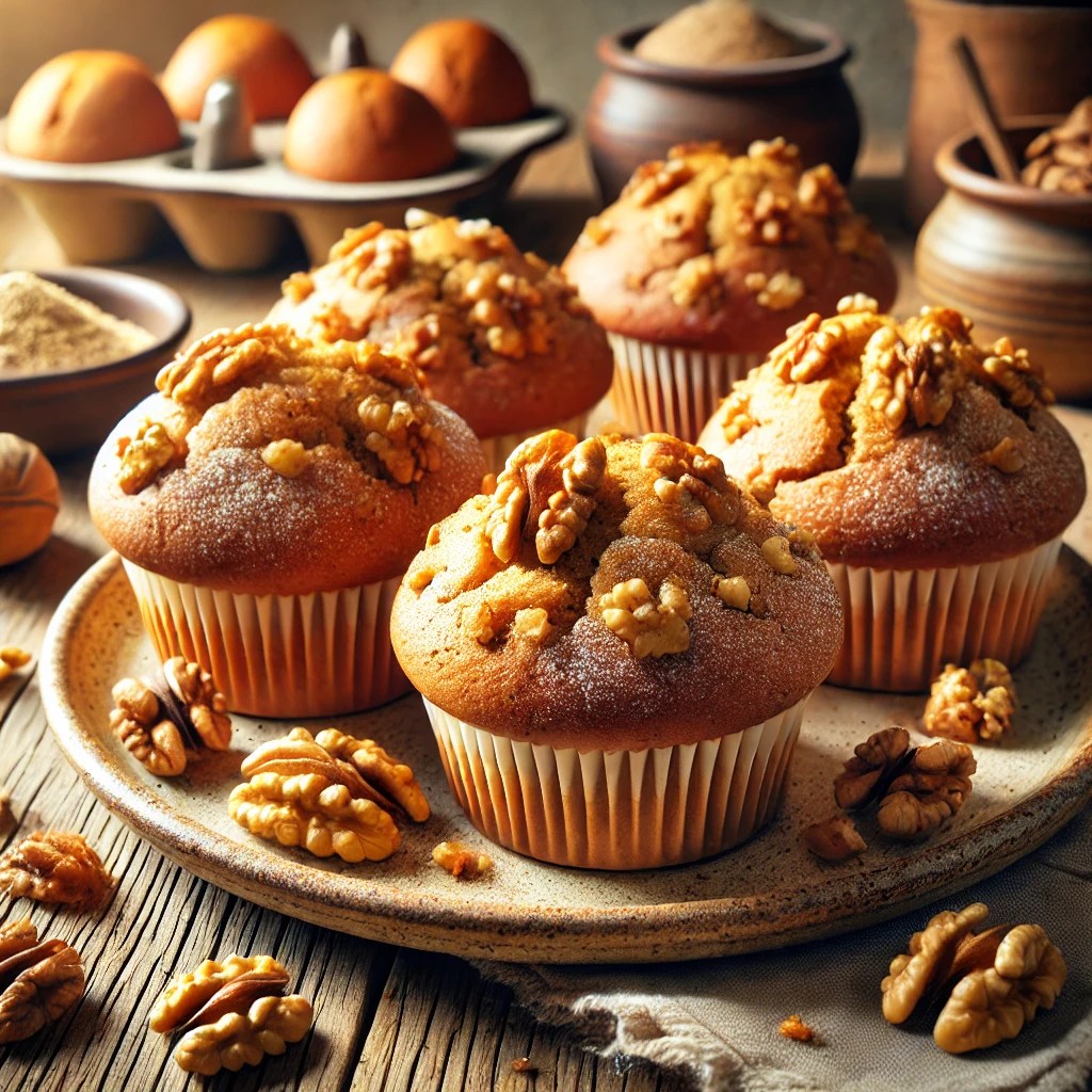 Goudbruine walnootmuffins met een knapperige bovenkant en zichtbare stukjes walnoot, deels opengesneden om de luchtige binnenkant te tonen. Licht bestoven met poedersuiker en geserveerd op een rustieke houten tafel met warme, natuurlijke belichting.