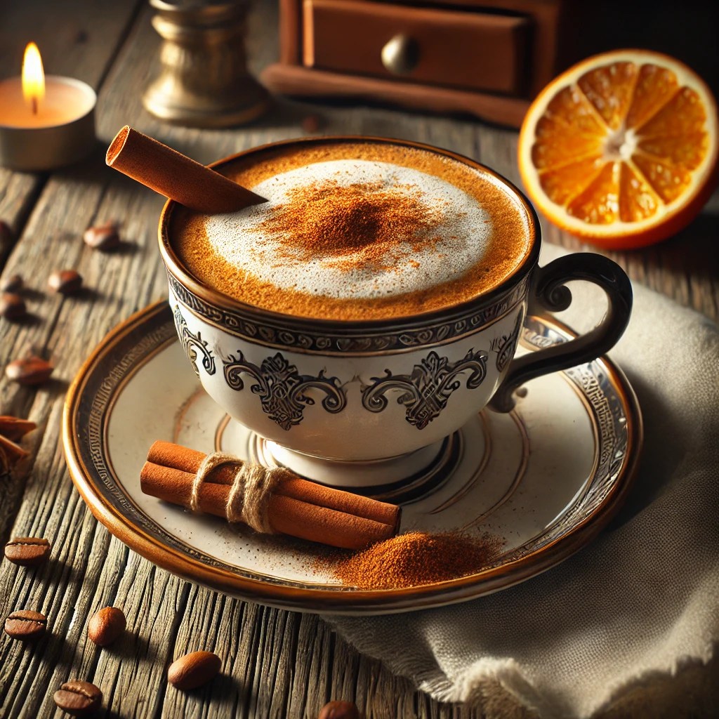 Warme Café d'Amour met Cointreau en kaneel, geserveerd in een elegante kop op een rustieke houten tafel, gegarneerd met kaneelpoeder en een sinaasappelschil.