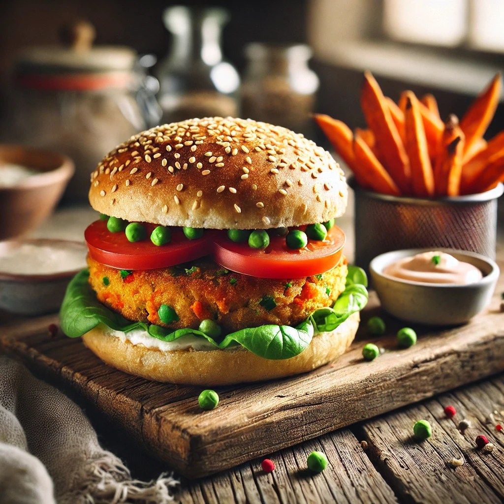 Knapperige aardappel-groentenburger met wortel, doperwten en kruiden, geserveerd op een sesambroodje met sla, tomaat en een romige saus.