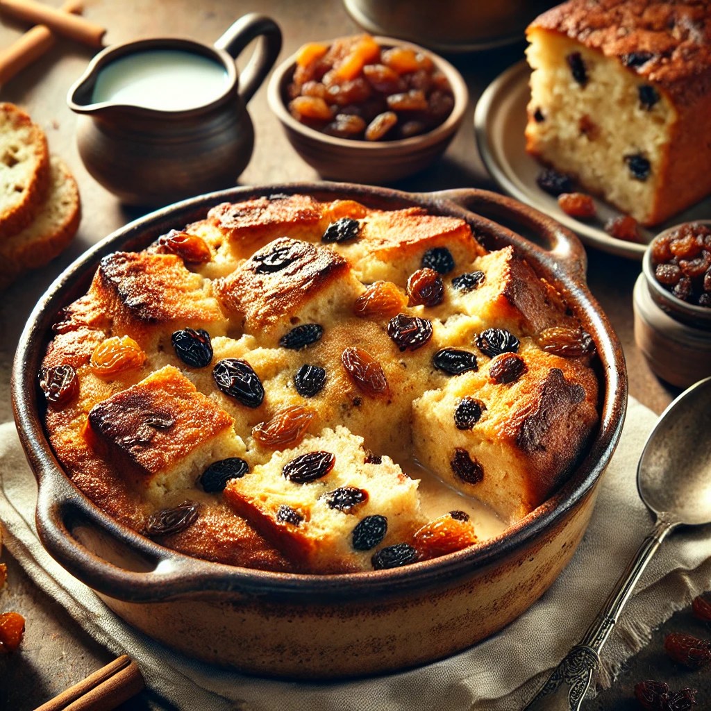Goudbruine broodpudding met rozijnen in een rustieke ovenschaal, met een portie op een bord en jam erbij, op een houten tafel geserveerd.
