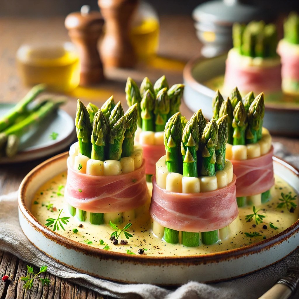 Elegante timbaaltjes van witte en groene asperges gewikkeld in dunne ham, geserveerd met een romige kruidenjus op een rustieke houten tafel.