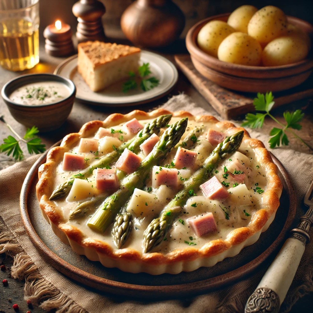 Romige ragout met witte asperges en blokjes ham, geserveerd in een krokant deegbakje en gegarneerd met verse peterselie op een rustieke houten tafel.