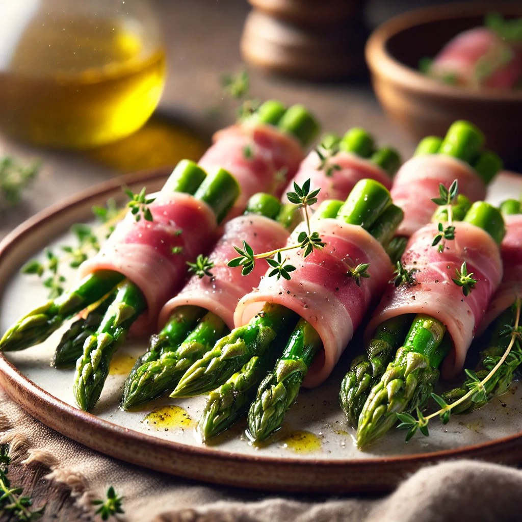 Verfijnde rolletjes van groene asperges gewikkeld in rauwe ham, besprenkeld met een aromatische tijmmarinade, geserveerd op een rustieke houten tafel.