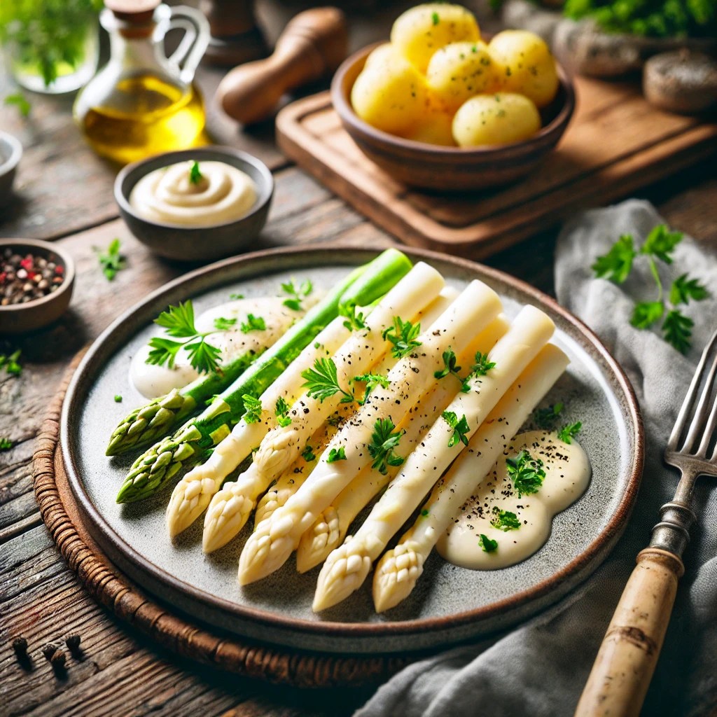 Witte asperges met een luchtige kruiden sabayon, gegarneerd met verse peterselie en zwarte peper, geserveerd met gekookte aardappelen op een rustieke houten tafel.