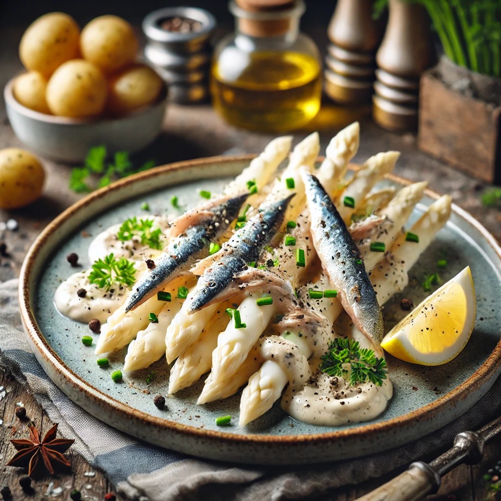 Witte asperges met een romige sardine mayonaise, gegarneerd met verse kruiden en geserveerd met gekookte aardappelen en een partje citroen.