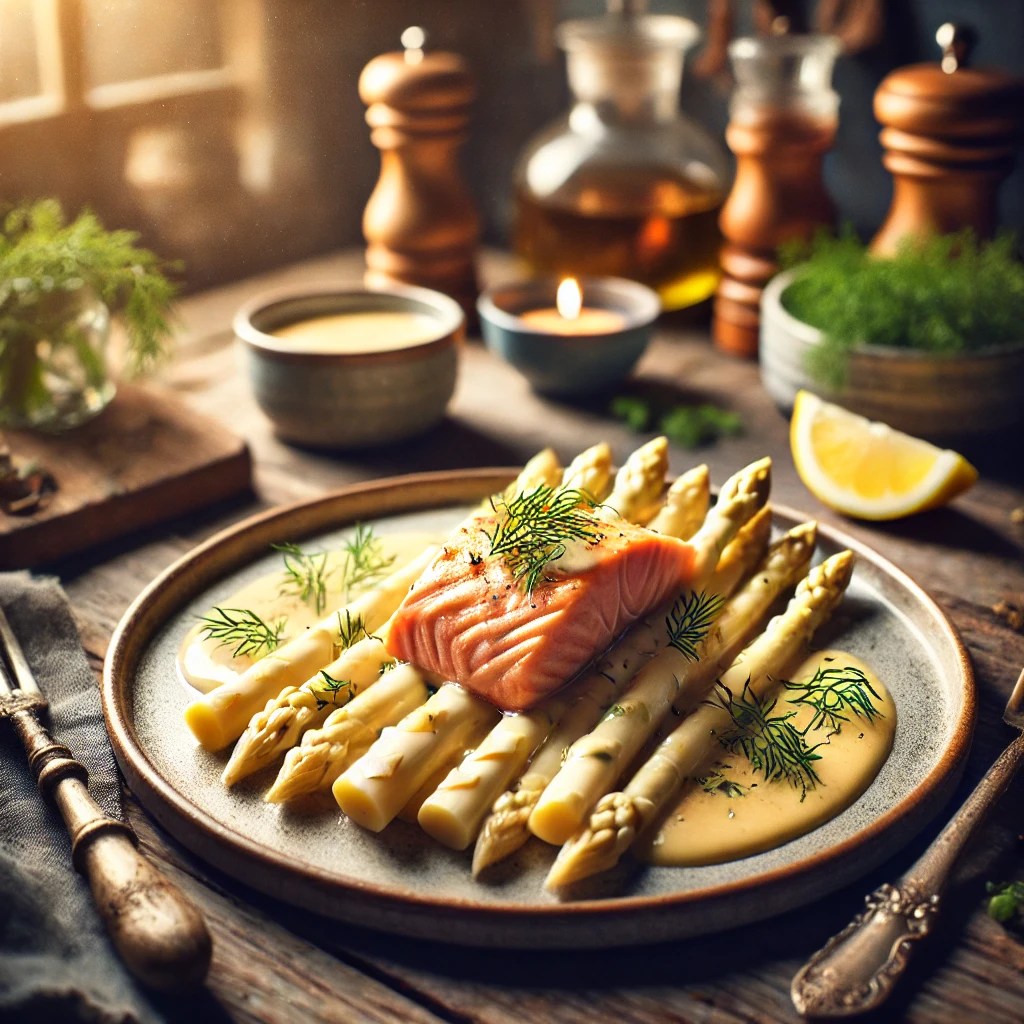 Witte asperges met perfect gegaarde zalm en een romige botersaus, gegarneerd met verse dille en geserveerd met een partje citroen op een rustieke houten tafel.