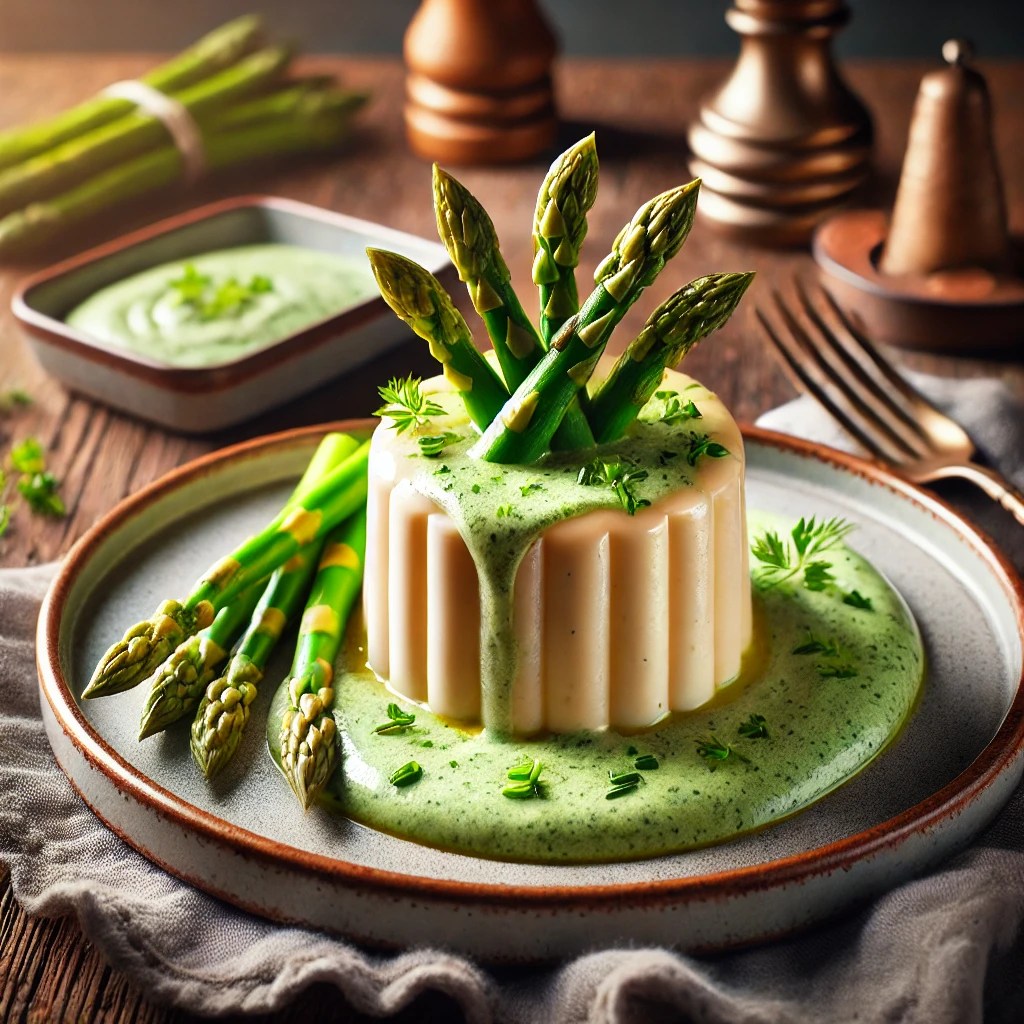 Elegante aspergetimbaaltjes met romige aspergesaus, gegarneerd met verse kruiden en geserveerd met groene asperges op een rustieke houten tafel.