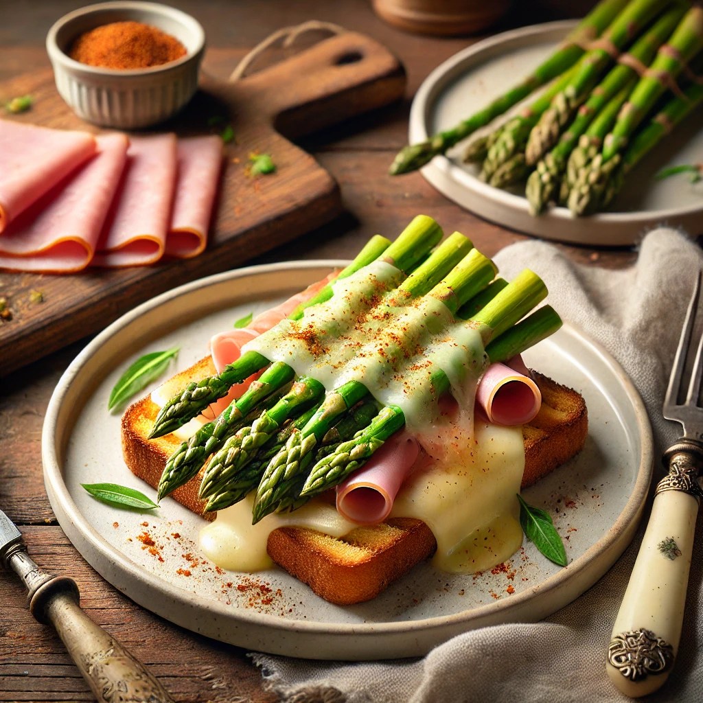 Een knapperige toast belegd met een plak ham, zachte witte asperges en gesmolten goudgele kaas, licht bestrooid met paprikapoeder. Het gerecht wordt geserveerd op een rustieke houten tafel, met een vintage mes en vork ernaast en een linnen servet voor extra sfeer. Op de achtergrond staat een houten snijplank met extra ham, kaas en verse asperges. De warme, natuurlijke belichting benadrukt de rijke texturen en uitnodigende kleuren van dit heerlijke lunchgerecht.