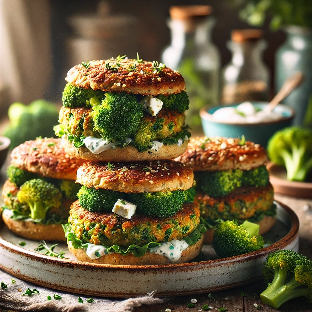 Krokante broccoli feta burgers met een goudbruine korst, geserveerd op een rustieke houten tafel met verse kruiden en romige yoghurtsaus.
