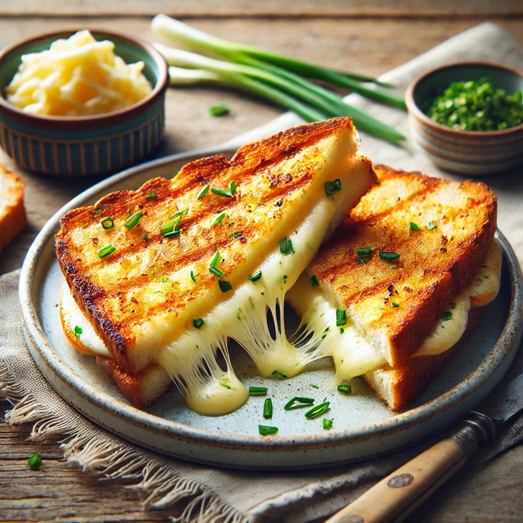 Een bord met goudbruine, knapperige camemberttosti’s, diagonaal doorgesneden om de smeuïge, gesmolten kaasvulling zichtbaar te maken. De tosti’s zijn gevuld met fijngehakte lente-ui en kruiden voor een frisse smaak. Ze worden geserveerd op een rustieke houten tafel, met een klein schaaltje extra kruiden en een linnen servet. Zachte natuurlijke verlichting benadrukt de knapperige textuur van het brood en de romige vulling.