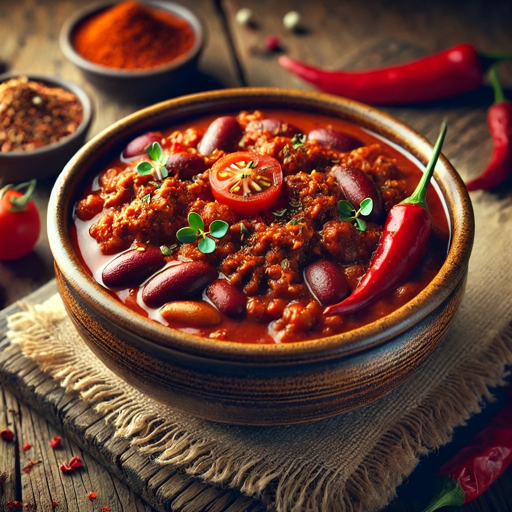 Traditionele chili con carne met kidneybonen, tomaat, rundergehakt en paprika in pittige rode saus, geserveerd in een rustieke kom op houten tafel – comfortfood met karakter.