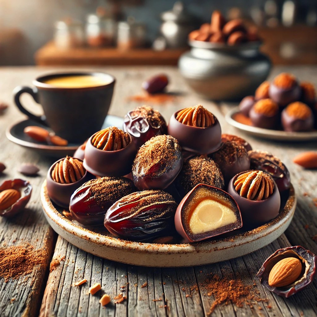 Een rustieke houten tafel met een klein keramisch bordje vol glanzende chocolade-dadels, gevuld met romige amandelspijs. Enkele dadels zijn doorgesneden zodat de zachte vulling zichtbaar is. Het geheel is gegarneerd met fijngehakte noten en een vleugje cacaopoeder. Ernaast staat een kopje espresso. De achtergrond toont een sfeervolle, zacht verlichte keuken.