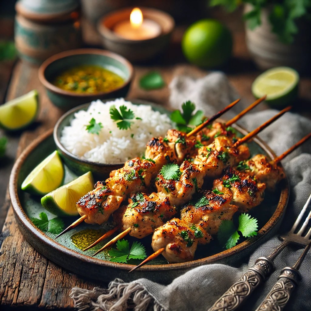 Gegrilde kipspiesjes met citroengras, licht gekarameliseerd en geserveerd met rijst, limoen en verse koriander op een rustieke houten tafel.