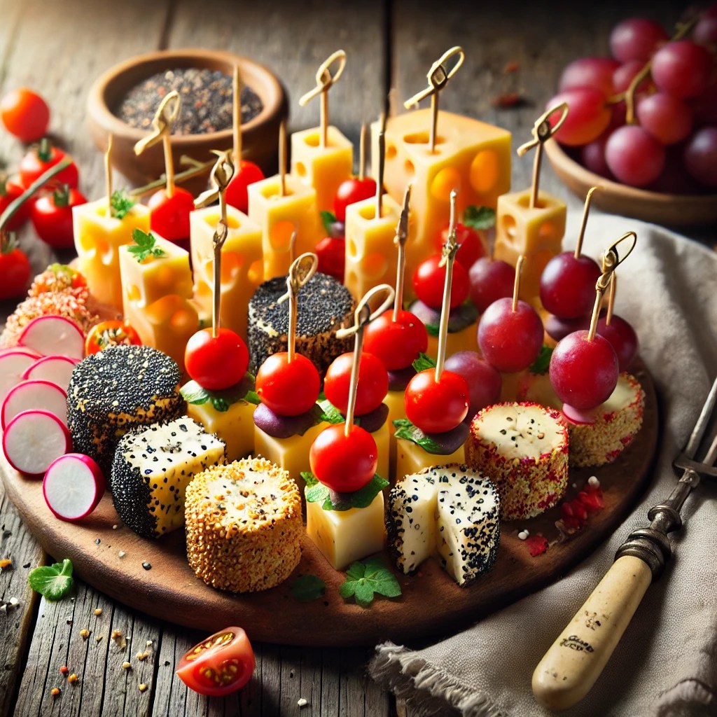 Een kleurrijke selectie van feestelijke kaashapjes, bestaande uit blokjes kaas bedekt met maanzaad en sesamzaad, gecombineerd met radijsjes, kerstomaatjes en druiven op cocktailprikkers. De hapjes zijn gerangschikt op een houten serveerplank, met een klein schaaltje extra zaadjes voor decoratie. Op de rustieke houten tafel liggen een linnen servet en een vintage vork. Zachte natuurlijke verlichting benadrukt de levendige kleuren en diverse texturen van de kaashapjes.