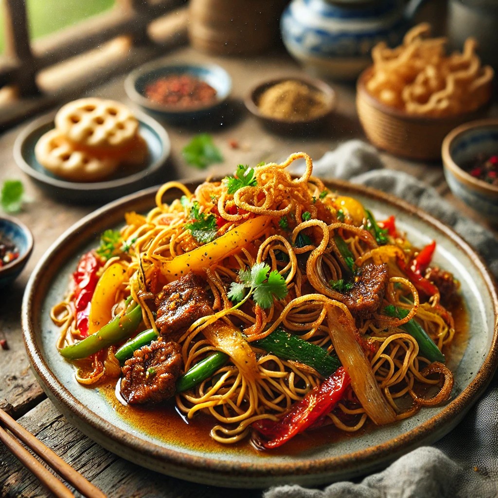 Goudgele Five Spice Bahmi met roergebakken vleesreepjes, knapperige groenten en een aromatische vijfkruiden woksaus, gegarneerd met gebakken uitjes en koriander, geserveerd met kroepoek op een rustieke houten tafel.