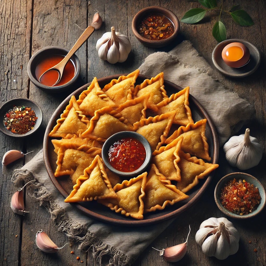 Goudbruin gefrituurde pangsit goreng gepresenteerd op een rustieke houten tafel met een dipsausje, verse ingrediënten zoals knoflook, ei en sambal ernaast, sfeervol vastgelegd met warm natuurlijk licht.