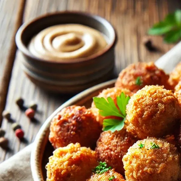 Krokant goudbruin gefrituurde gehaktballetjes in een luchtig bierbeslag. Geserveerd op een keramisch bord met een schaaltje dipsaus en afgewerkt met verse peterselie, op een rustieke houten tafel met linnen servet ernaast in warm natuurlijk licht.