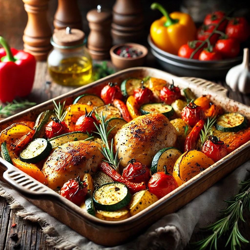 Goudbruin gebakken gemarineerde kip met geroosterde groenten zoals paprika, courgette en cherrytomaten, geserveerd in een rustieke ovenschaal met verse kruiden.