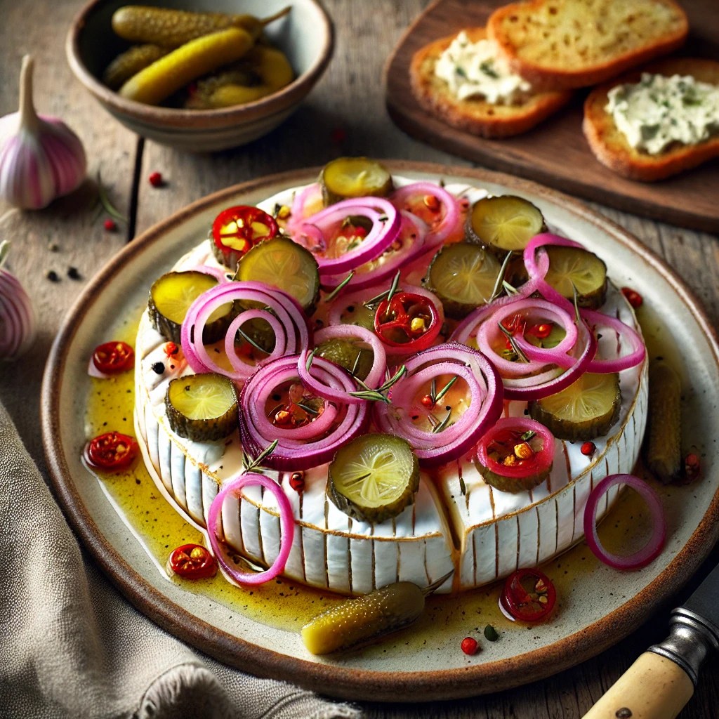 Een prachtig opgemaakt bord met dun gesneden camembert, gegarneerd met gemarineerde rode uienringen en kleurrijke mixed pickles. De kaas is licht besprenkeld met citrusolie en een vleugje tabasco voor extra smaak. Knapperige toast en een schaaltje knoflook-kruidenboter maken het gerecht compleet. Op de rustieke houten tafel liggen een linnen servet en een vintage mes. Zachte natuurlijke verlichting benadrukt de romige textuur van de kaas en de levendige kleuren van de garnering.