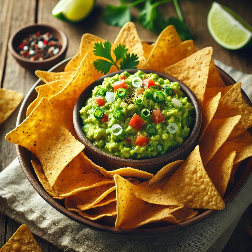 Een kom met romige, zelfgemaakte guacamole, gemengd met fijngesneden tomaat en lente-ui, geserveerd met knapperige, goudbruine tortillachips. Een partje limoen en verse korianderblaadjes zorgen voor een frisse afwerking. Op de rustieke houten tafel liggen een linnen servet en een klein schaaltje met extra kruiden. Zachte natuurlijke verlichting benadrukt de levendige groene kleur en smeuïge textuur van de guacamole.
