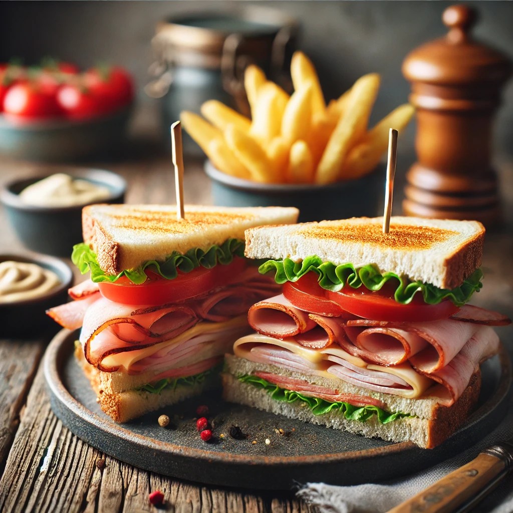 Perfect geroosterde club sandwich met knapperige bacon, kalkoen, sla, tomaat en mayonaise, geserveerd met frietjes en dipsaus op een rustieke houten tafel.