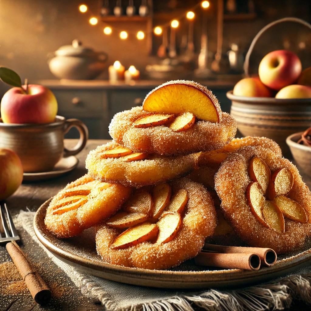 Een rustieke houten tafel met goudbruine, knapperige appelbeignets die rijkelijk zijn bestrooid met kaneelsuiker. De beignets zijn rond en licht bol, met zichtbare appelschijven in het midden. Enkele zijn opengesneden om het warme appelhart te tonen. Geserveerd op een keramisch bord met extra kaneelsuiker eromheen. De achtergrond toont een gezellige keuken met warme, feestelijke verlichting.