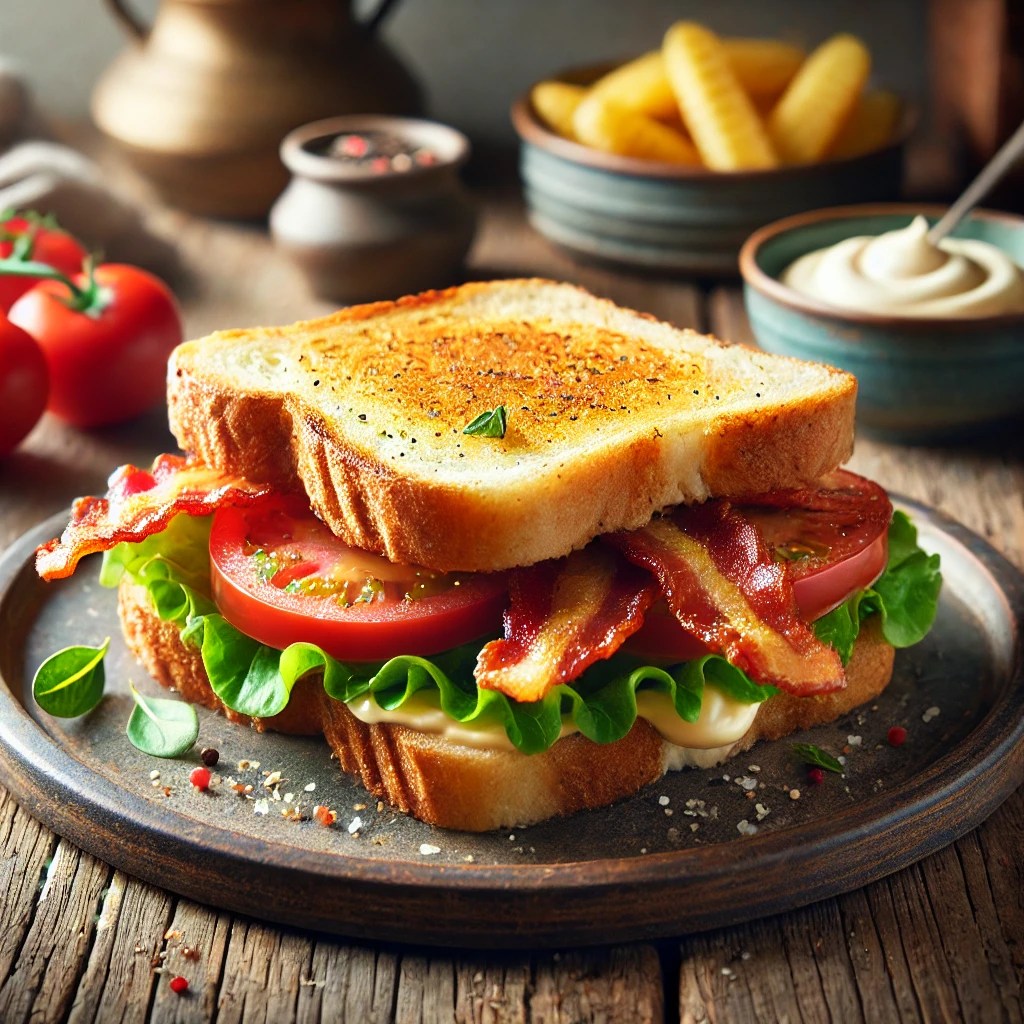 Krokante BLT sandwich met geroosterd brood, knapperige bacon, verse sla en sappige tomaat, geserveerd met frietjes en mayonaise op een rustieke houten tafel.
