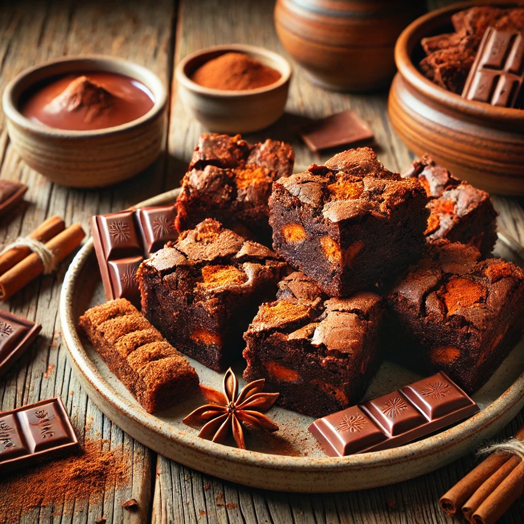 Een rustieke houten tafel met rijke, fudgy brownies gevuld met knapperige kruidnoten, geserveerd op een keramisch bord. De brownies zijn bestrooid met cacaopoeder en extra kruidnoten. Ernaast liggen een kom gesmolten chocolade, een schaaltje kruidnoten en een vleugje kaneel.