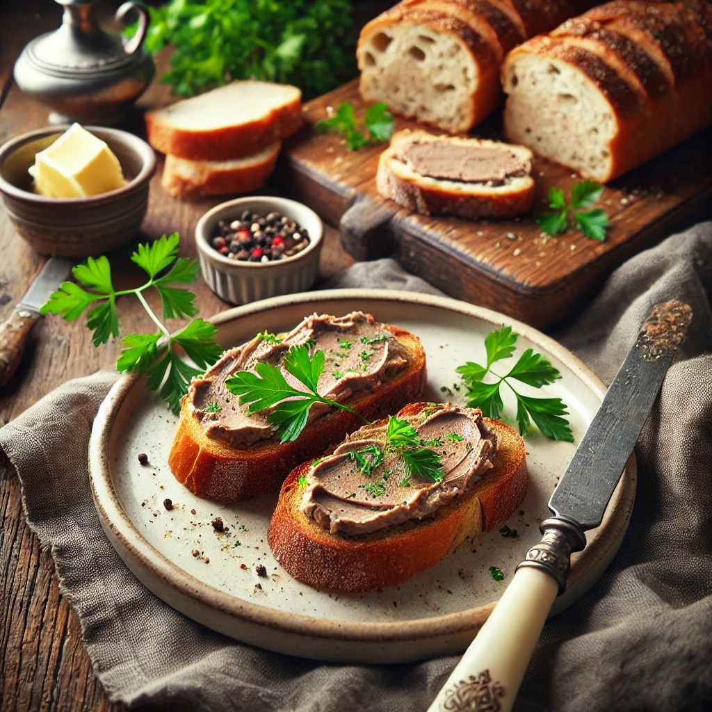 Een rustiek open belegde boterham met romige leverpastei, royaal uitgesmeerd op vers knapperig brood. Het geheel is afgemaakt met een takje verse peterselie en een vleugje zwarte peper. Naast het bord ligt een vintage botermes en een linnen servet op een houten tafel. Op de achtergrond staat een houten snijplank met extra sneetjes brood, een schaaltje boter en verse kruiden. De warme, natuurlijke belichting benadrukt de rijke, hartige smaken en de romige textuur van de leverpastei.