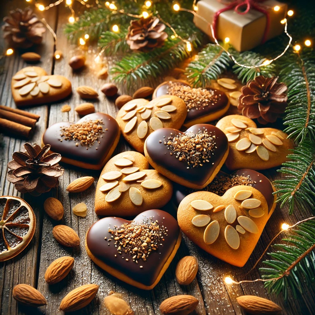 Feestelijke amandel- en gemberkoekjes in hartvorm, goudbruin gebakken en halfgedoopt in een glanzende chocoladelaag. De koekjes liggen op een rustieke houten tafel, omringd door dennenappels, takjes groen en zachte kerstverlichting, wat een warme en gezellige kerstsfeer creëert. 🎄❤️✨