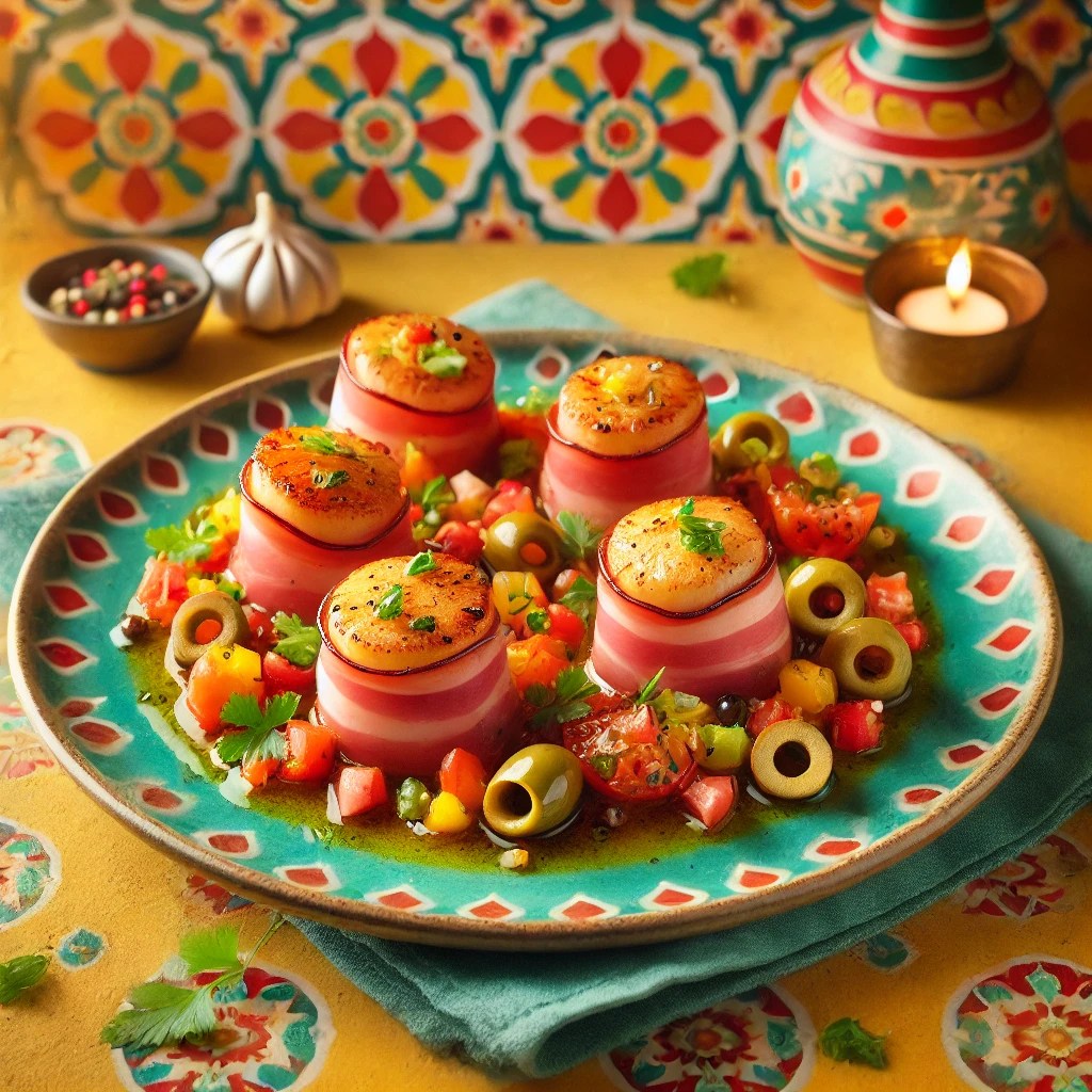 Een prachtig gepresenteerd gerecht van coquilles gewikkeld in gerookte ham, aangevuld met een frisse salsa van tomaten, olijven, kappertjes, knoflook en bieslook. Het bord is kleurrijk en feestelijk opgemaakt, met een lichte citroenmarinade als finishing touch. De warme achtergrond straalt een uitnodigende sfeer uit met levendige kleuren en subtiele decoratieve patronen. 🐚🍅✨