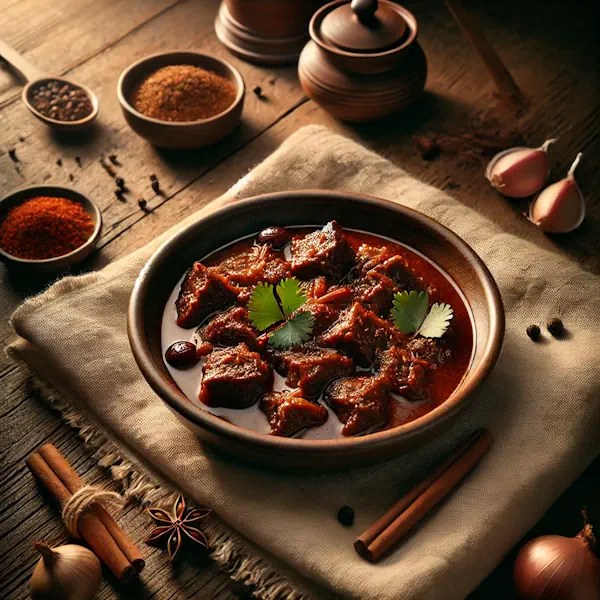 Een rustieke foodfoto van Daging Smoor Djawa, een Javaanse rundvleesstoofpot geserveerd in een bruine kom op een houten tafel, omringd door specerijen zoals kaneel, knoflook en steranijs.